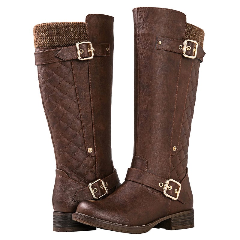 GLOBALWIN Women's Brown Quilted Knee High Boots For Women Low Heel Comfortable Fashion Riding Boots Size 7.5M - Image 2